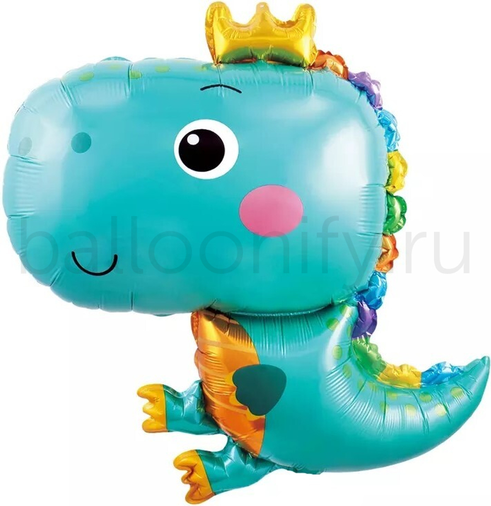 Шар (29''/74 см) Фигура, Динозаврик в короне, Бирюзовый, 1 шт.