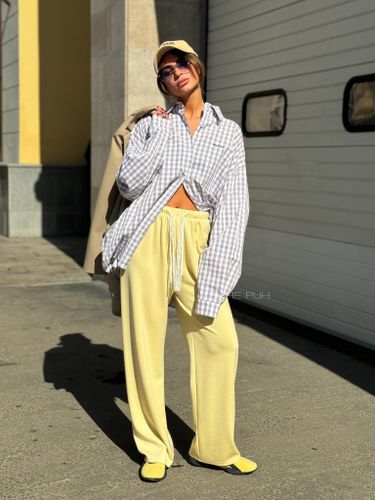 Серая хлопковая оверсайз рубашка в клетку