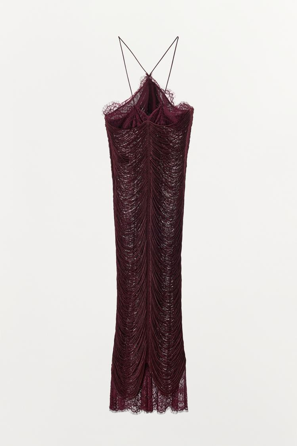 ZARA КРУЖЕВНОЕ ПЛАТЬЕ ХАЛТЕР С БАХРОМОЙ, БОРДОВЫЙ