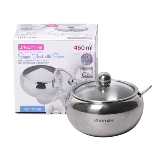 Сахарница 460 мл. из нержавеющей стали Kamille KM-7002 с ложечкой и крышкой