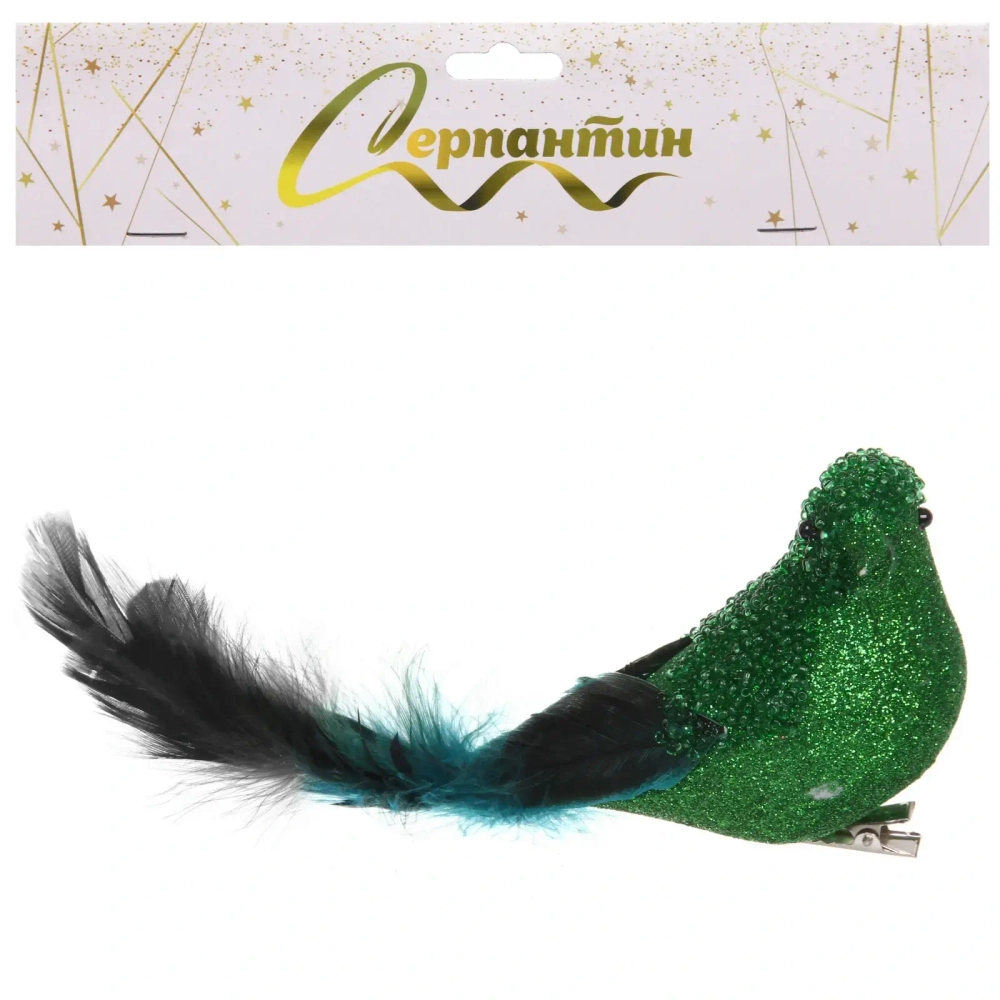 Украшение новогоднее на зажиме «Сияющая птица» 20 см, Изумруд