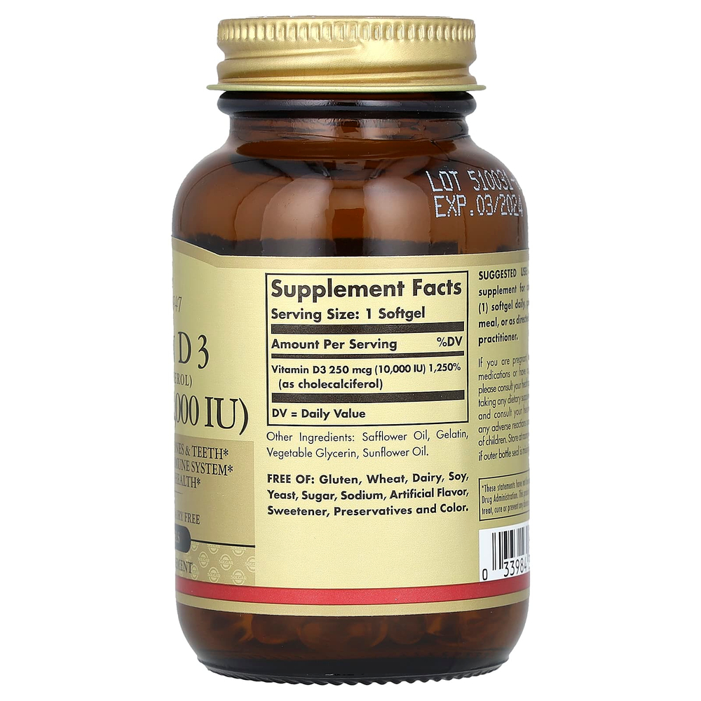 Solgar, витамин D3 (холекальциферол), 250 мкг (10 000 МЕ), 120 капсул