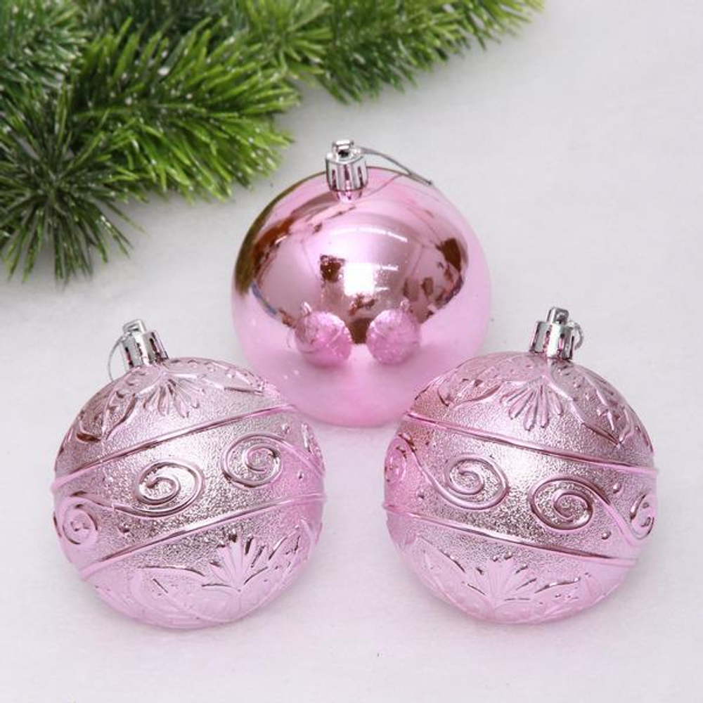 Новогодние шары 8 см (набор 3 шт) "Микс фактур", розовый (Серпантин)