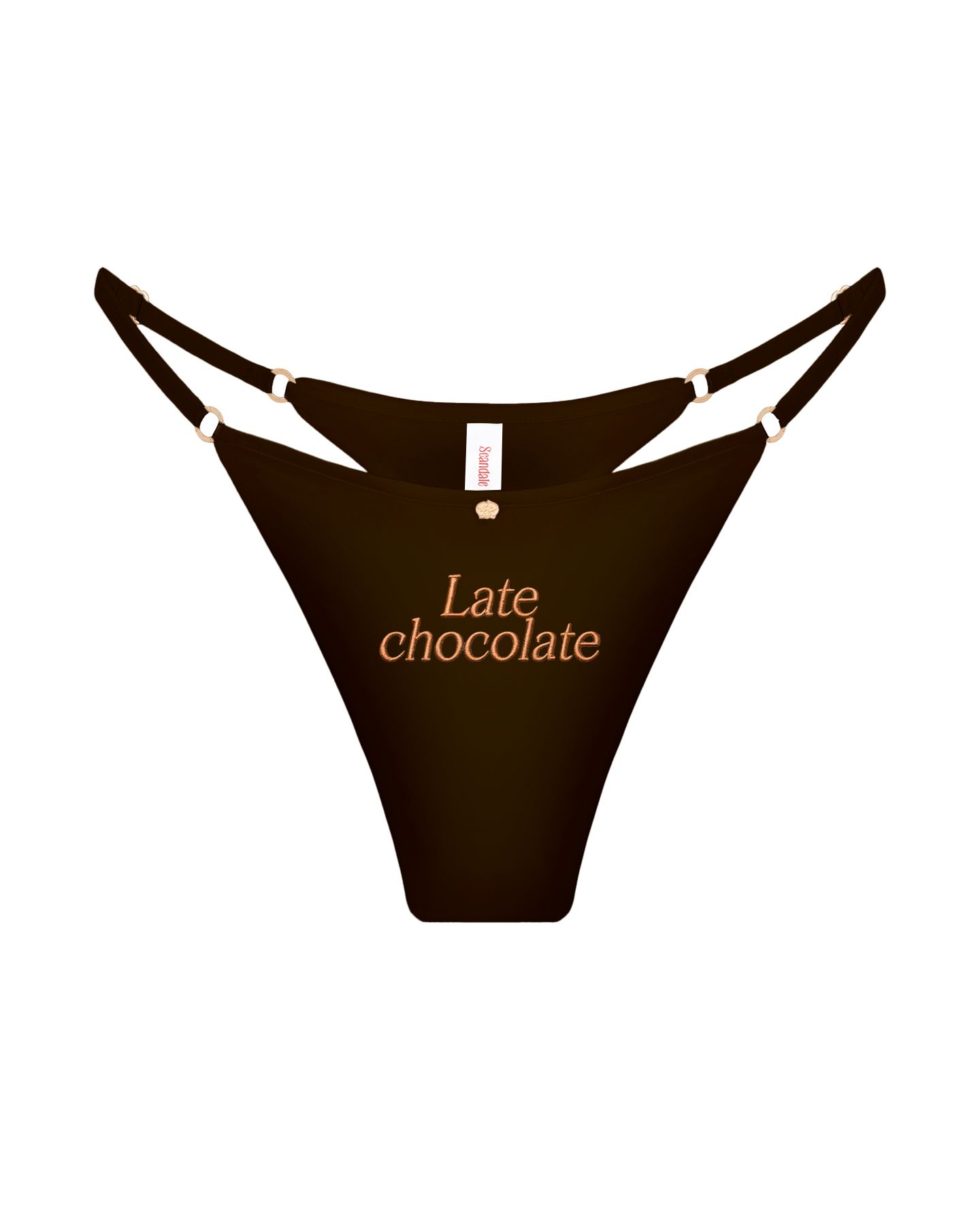 трусы стринги шелковые с надписью Late chocolate горький шоколад