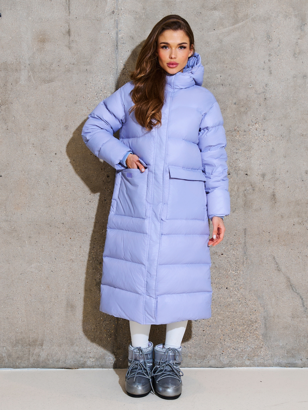 Пуховик макси с капюшоном“Light purple ”