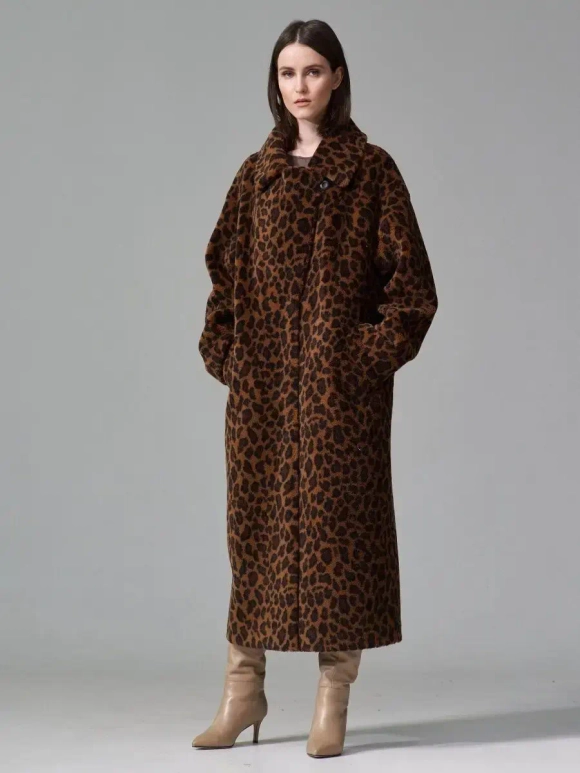 Шуба чебурашка длинная из овечьей шерсти, коричневый-леопард, SilverFox
