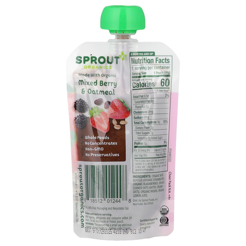 Sprout Organics, детское питание, для детей от 6 месяцев, ягодно-овсяное ассорти, 99 г (3,5 унции)