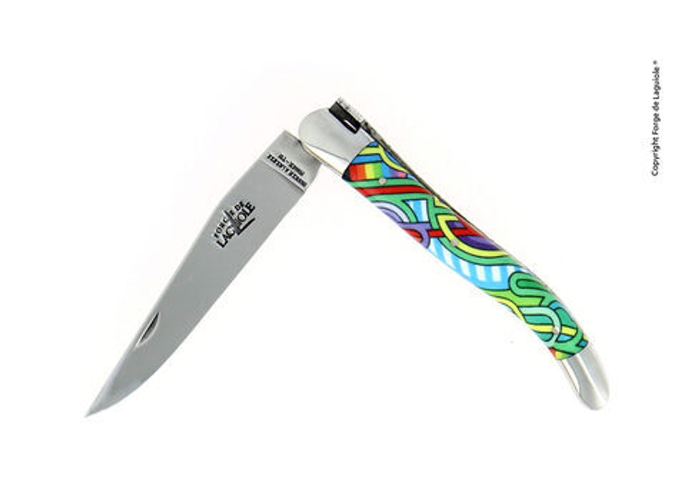 Folding knife, 11 cm blade, 2 stainless steel bolsters, shiny finish, acrylic handle, Antares design
