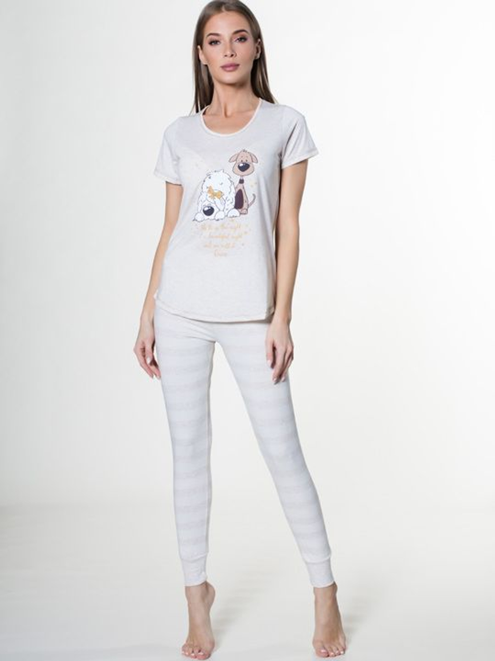 Трикотажный комплект с лосинами в широкую полоску (Размер: S) (Цвет: бежевый)