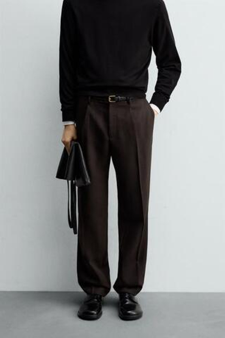 ZARA БРЮКИ ИЗ 100% ШЕРСТИ С ЗАЩИПАМИ, КОРИЧНЕВЫЙ