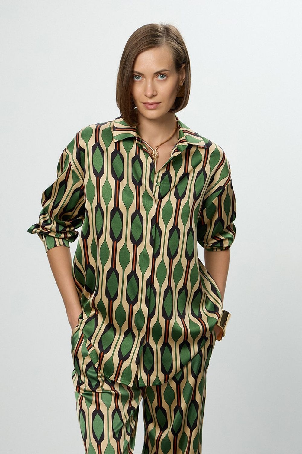 Рубашка Хельсинки зеленый принт вискоза