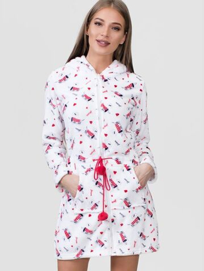 Теплый халат на молнии с таксами (Размер: L) (Цвет: белый)