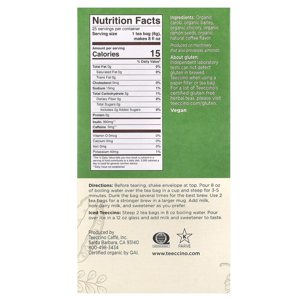 Teeccino, органический чай из обжаренных трав, французская обжарка, без кофеина, 25 чайных пакетиков, 150 г (5,3 унции)