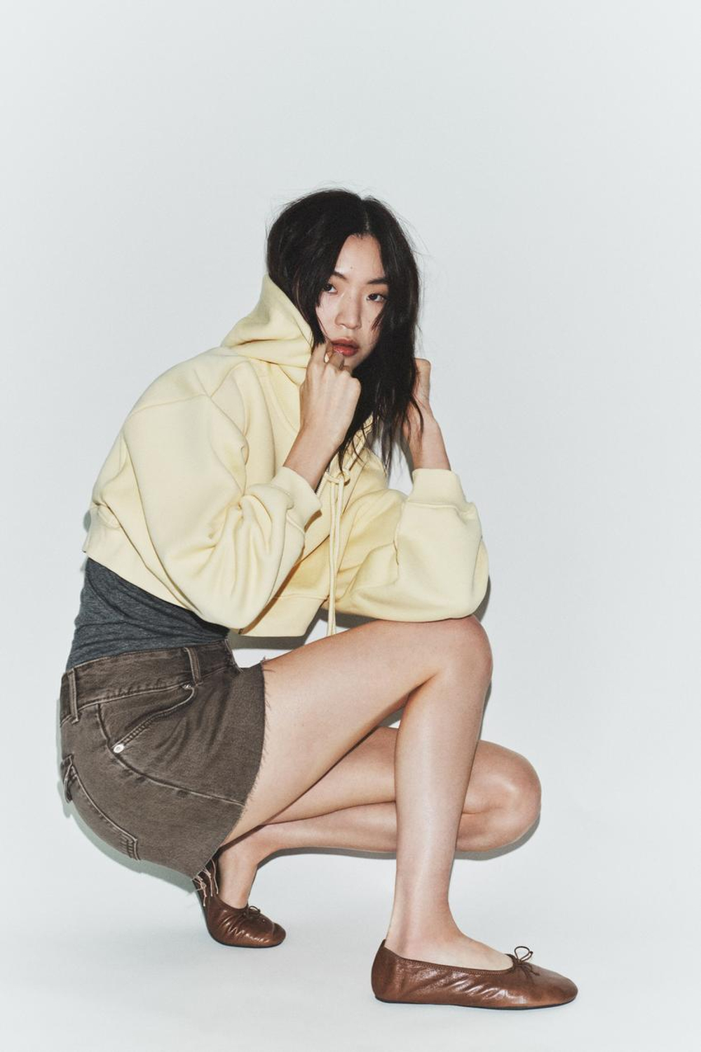 ZARA КОЖАНЫЕ БАЛЕТКИ С БАНТИКОМ, КОРИЧНЕВЫЙ