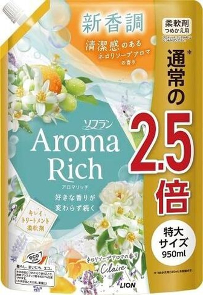 Кондиционер для белья с натуральными аромамаслами цветов и цитрусов 950 мл Lion Aroma Rich Claire 258 (мягкая упаковка)