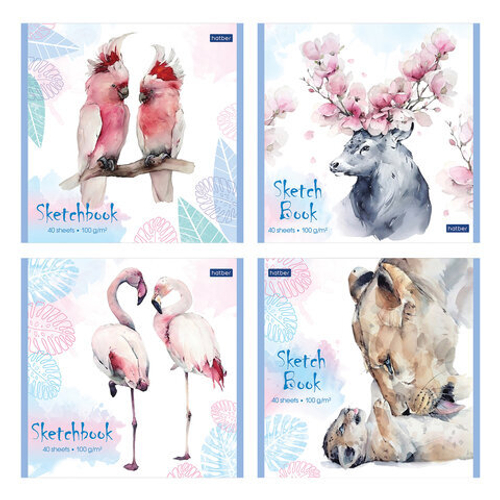 Скетчбук 165*165 40л/скрепка ламин "Нежная акварель" офсет 100г/м2 HATBER-PREMIUM 40Б5лA