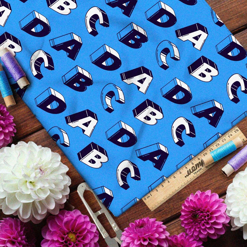 Ткань флис объёмные буквы на синем фоне