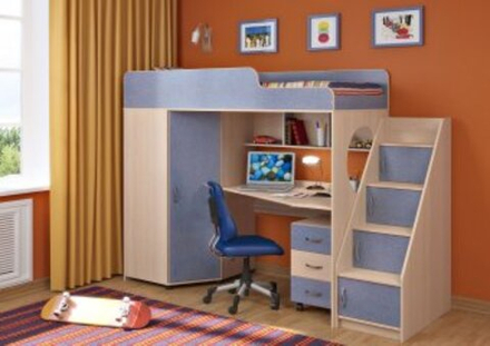 Кровать-чердак КарИВи Легенда 4.3 80х190  Дуб Молочный Светло-синий, голубой