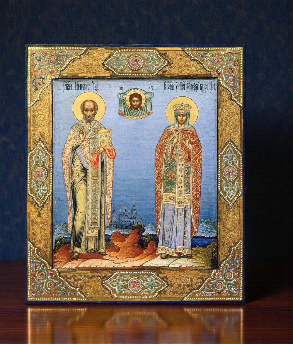 Николай Чудотворец и Царица Александра. Деревянная икона на левкасе