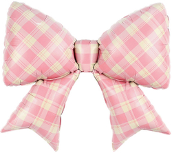 Фигурный шарик из фольг с гелием в виде розового бантика в белую клеточку