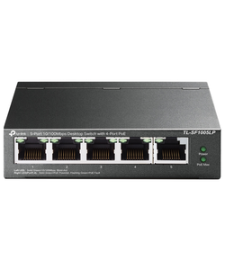 TP-Link TL-SF1005LP, 5-портовый 10/100 Мбит/с неуправляемый коммутатор с 4 портами PoE, металлический корпус, бюджет PoE — 41 Вт.