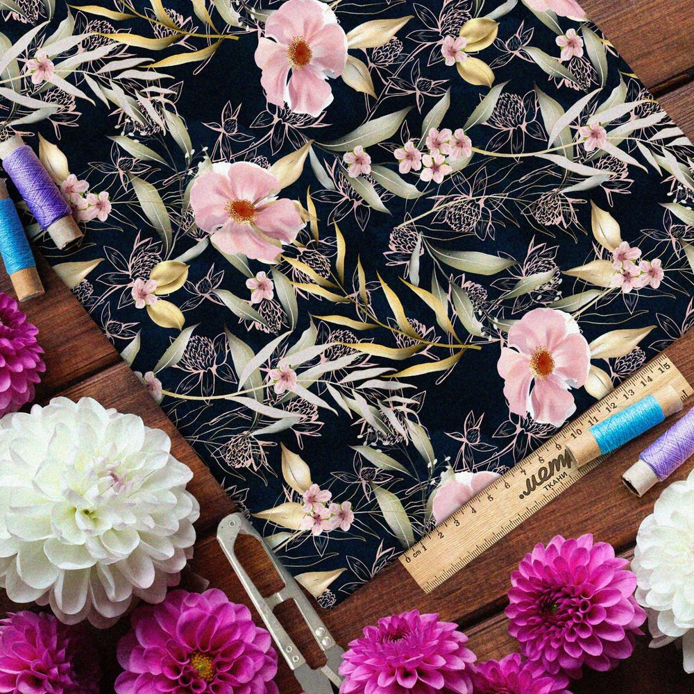 Ткань оксфорд 600 маслом нарисованные цветы, листва и клевер