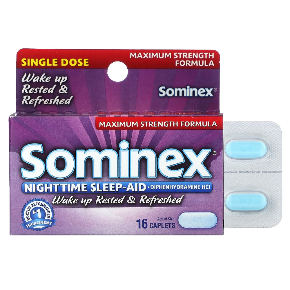 Sominex, Ночное средство для сна, формула максимальной эффективности, 50 мг, 16 капсул