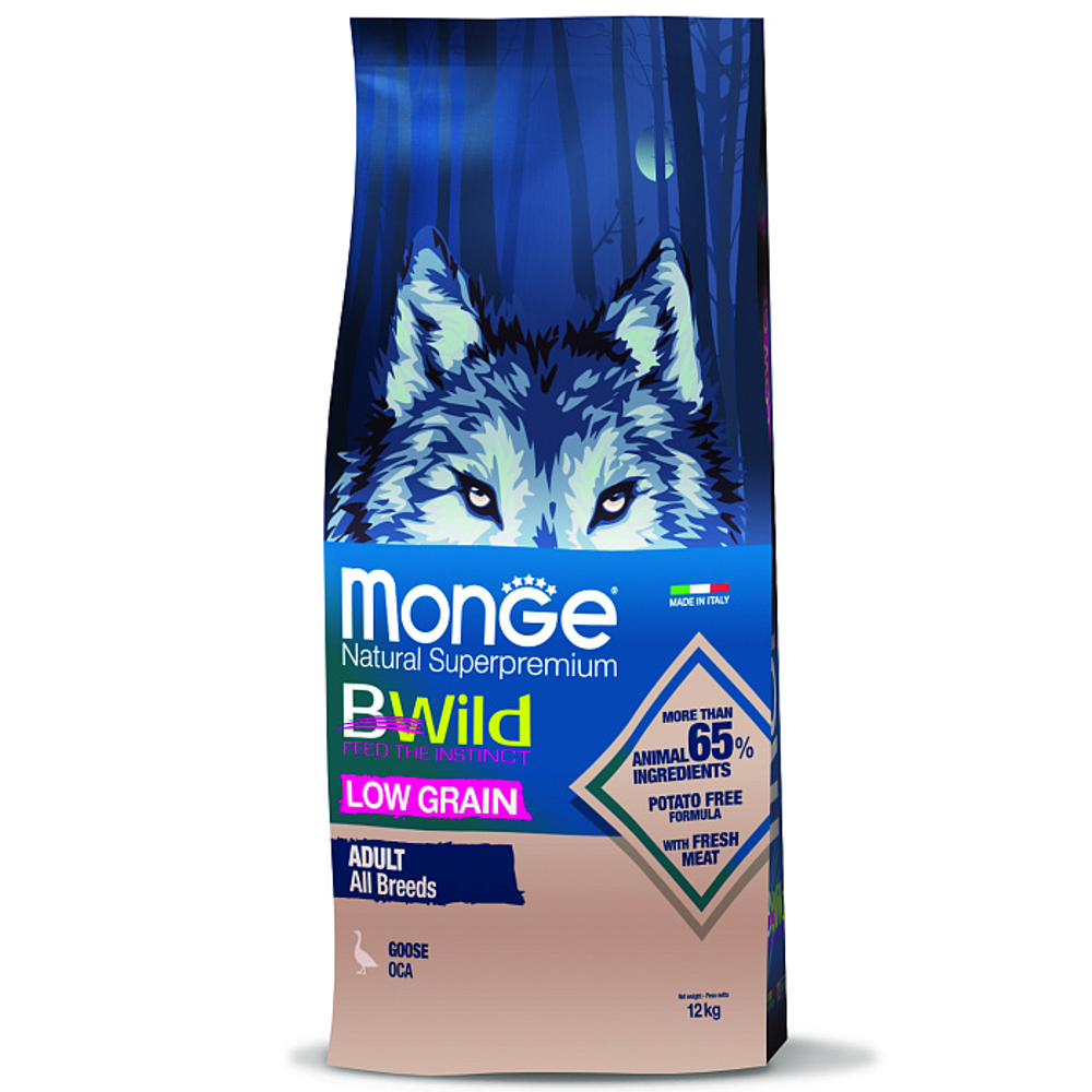 Сухой корм Monge Dog BWild LOW GRAIN для взрослых собак, низкозерновой, из мяса гуся 12 кг