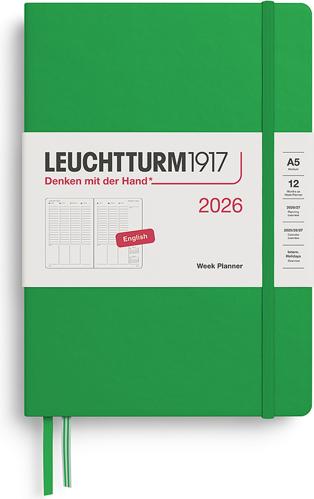 Блокнот Leuchtturm 1917, kolumnowy 2026 EN, A5, зелёный