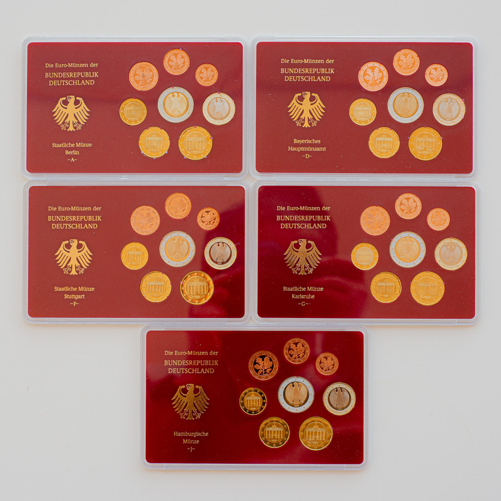Germany 2002 Proof Coin Sets (A, D, F, G, J)