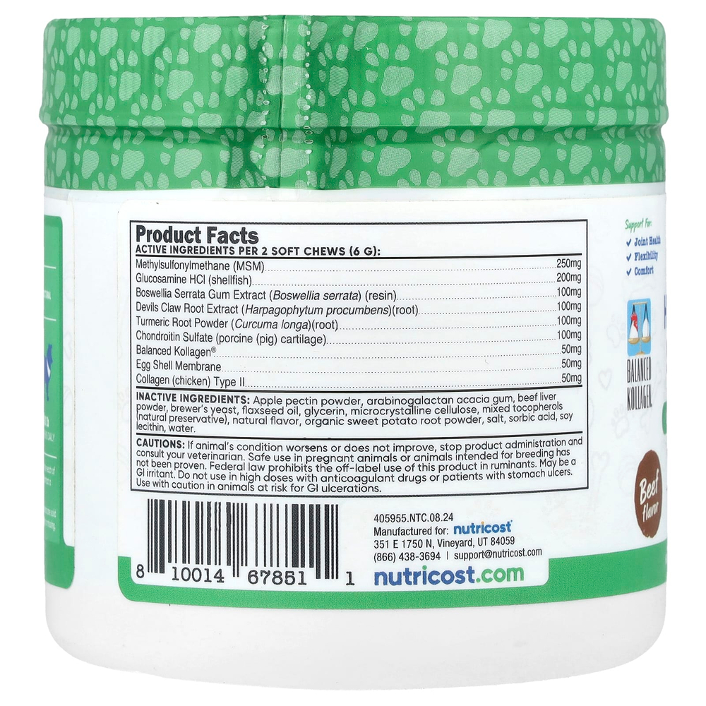 Nutricost, Pets, для поддержки бедер и суставов, для собак, говядина, 60 жевательных таблеток, 180 г (6,4 унции)