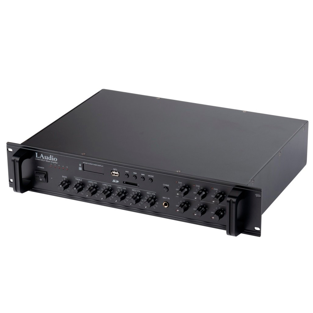 LAudio LAM6120UT Усилитель мощности трансляционный, 120Вт, 80 Гц-16 кГц. MP3-плеер, FM-тюнер, BT, зонер (6 зон), предусилитель и усилитель мощности, пульт ДУ. Размеры: 484 х 355 х 88мм. Вес: 11,5 кг.