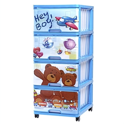 Комод 4-х СЕКЦИОННЫЙ (500*400*985 мм) с рисунком HEY BOY голубой НА КОЛЕСАХ