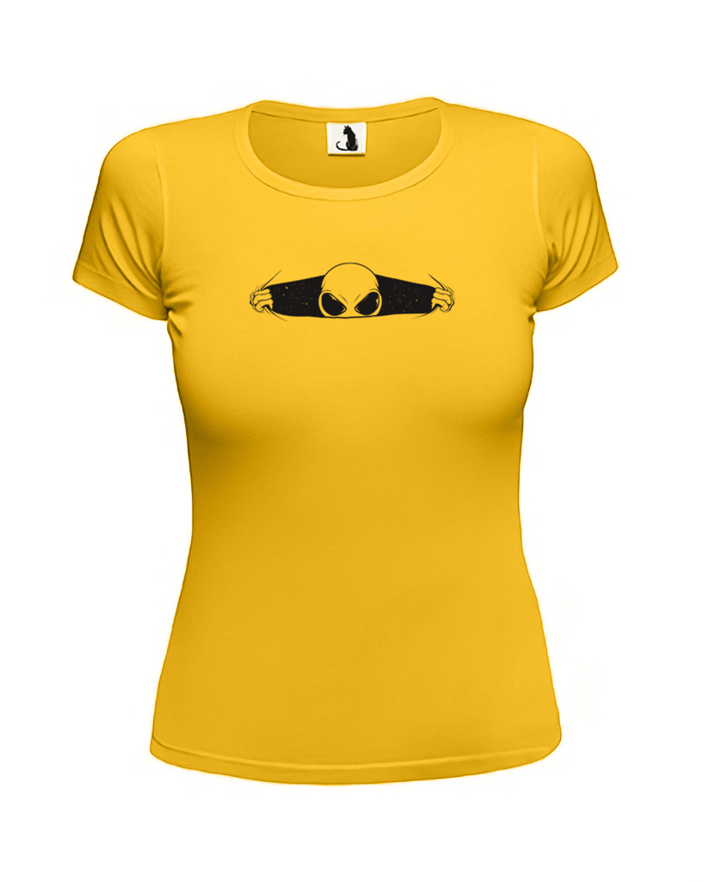 Футболка с инопланетянином женская приталенная желтая с черным рисунком