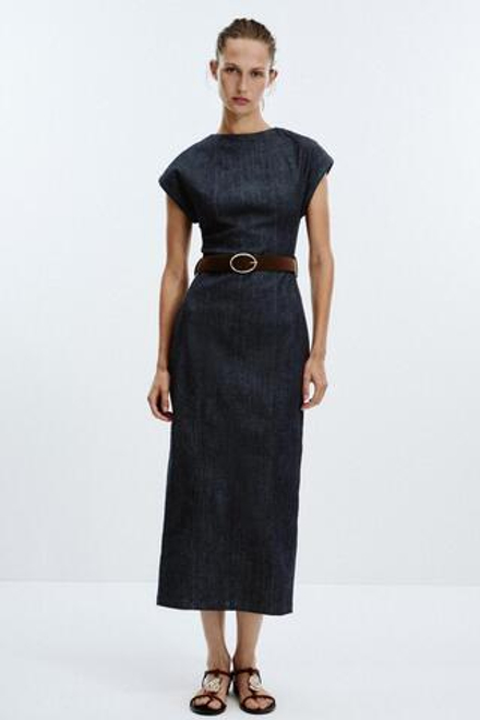 ZARA ПРИТАЛЕННОЕ ПЛАТЬЕ-МИДИ С ПОЯСОМ, СИНИЙ