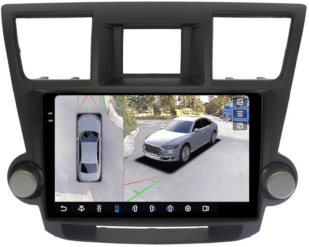 Магнитола для Toyota Highlander 2 XU40 2007-2013 (крутилки декоративные) - FarCar BX035M-360 монитор 10.36" 2K QLED на Android 13, 6Гб+128Гб, CarPlay, 4G SIM-слот, 4 камеры в комплекте