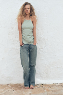 ZARA ТОП С ГОРЛОВИНОЙ ХАЛТЕР И ОТКРЫТОЙ СПИНОЙ, ЦВЕТ МОРСКОЙ ВОЛНЫ