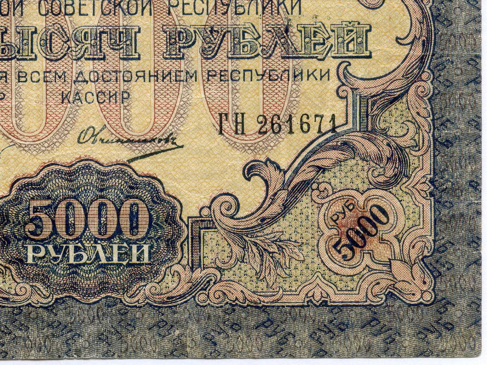 Расчетный знак 5000 рублей 1919 год. РСФСР. Кассир Овчинников ГН 261671. F-