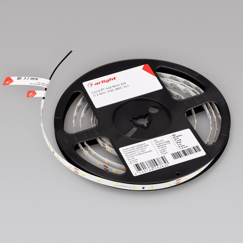 Светодиодная лента RT-A60-8mm 24V Day4000 (7.2 W/m, IP20, 2835, 5m) (Arlight, Открытый) 020012(2)