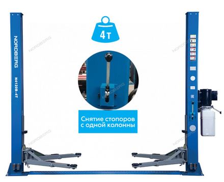 Цена на NORDBERG (N4120BM-4B) Подъемник 2-стоечный 4 т, снятие со стопоров с одной колонны, 380 В, синий