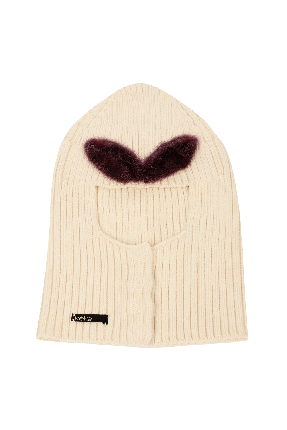 Молочная балаклава с фиолетовыми бровями из меха норки