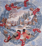 Декоративный гобеленовый чехол для интерьерной подушки Снегири за окном 47х47