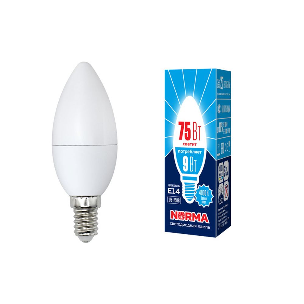 LED-C37-9W/NW/E14/FR/NR Лампа светодиодная. Форма свеча, матовая. Серия Norma. Белый свет (4000K). Картон. ТМ Volpe