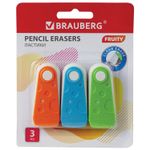 Набор ластиков BRAUBERG "FRUITY" 3 шт., 57х24х15 мм, белые, пластиковый футляр ассорти, 229563