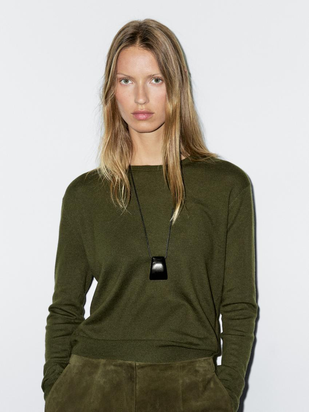 Massimo Dutti Свитер из смесовой шерсти с круглым вырезом, бутылочно-зеленый