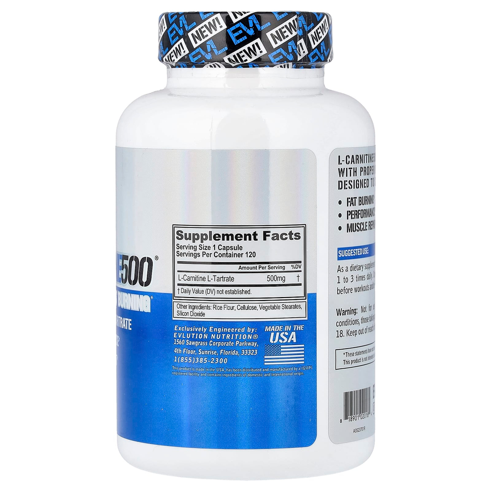 EVLution Nutrition, L-Carnitine500®, L-карнитин, 500 мг, 120 капсул