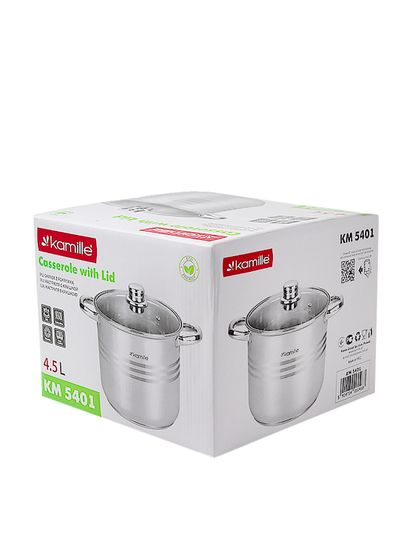 Кастрюля 4,5 л. из нержавеющей стали Kamille KM 5401 со стеклянной крышкой