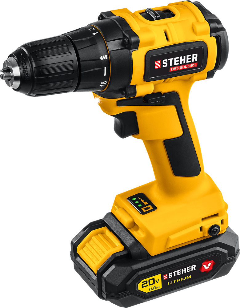 Дрель-шуруповерт бесщеточная STEHER CDB-200-1, 1 АКБ, 20 В, кейс