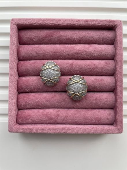 Серьги-клипсы Овальные со стразами 25мм, биколор (уценка)