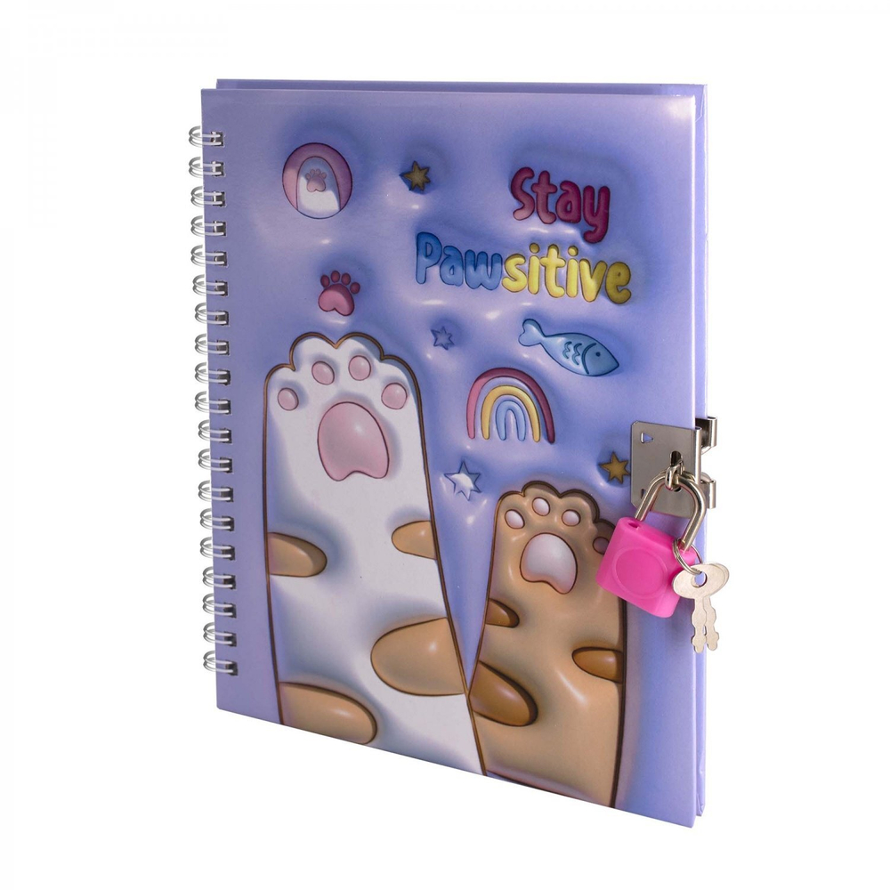 Блокнот в футляре, 17,5 см * 19,5 см, гребень, Alingar, ламин, эффект 3D, ручка, замочек, клетка, 46 л., "Лапки", сиреневый